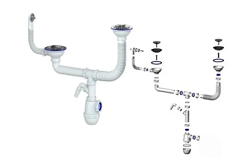 Сифон двойной GRAND+ 3 1/2&quot; телескоп. труб. с поворот. чашей, круг перелив. и отвод (СН 3143-11